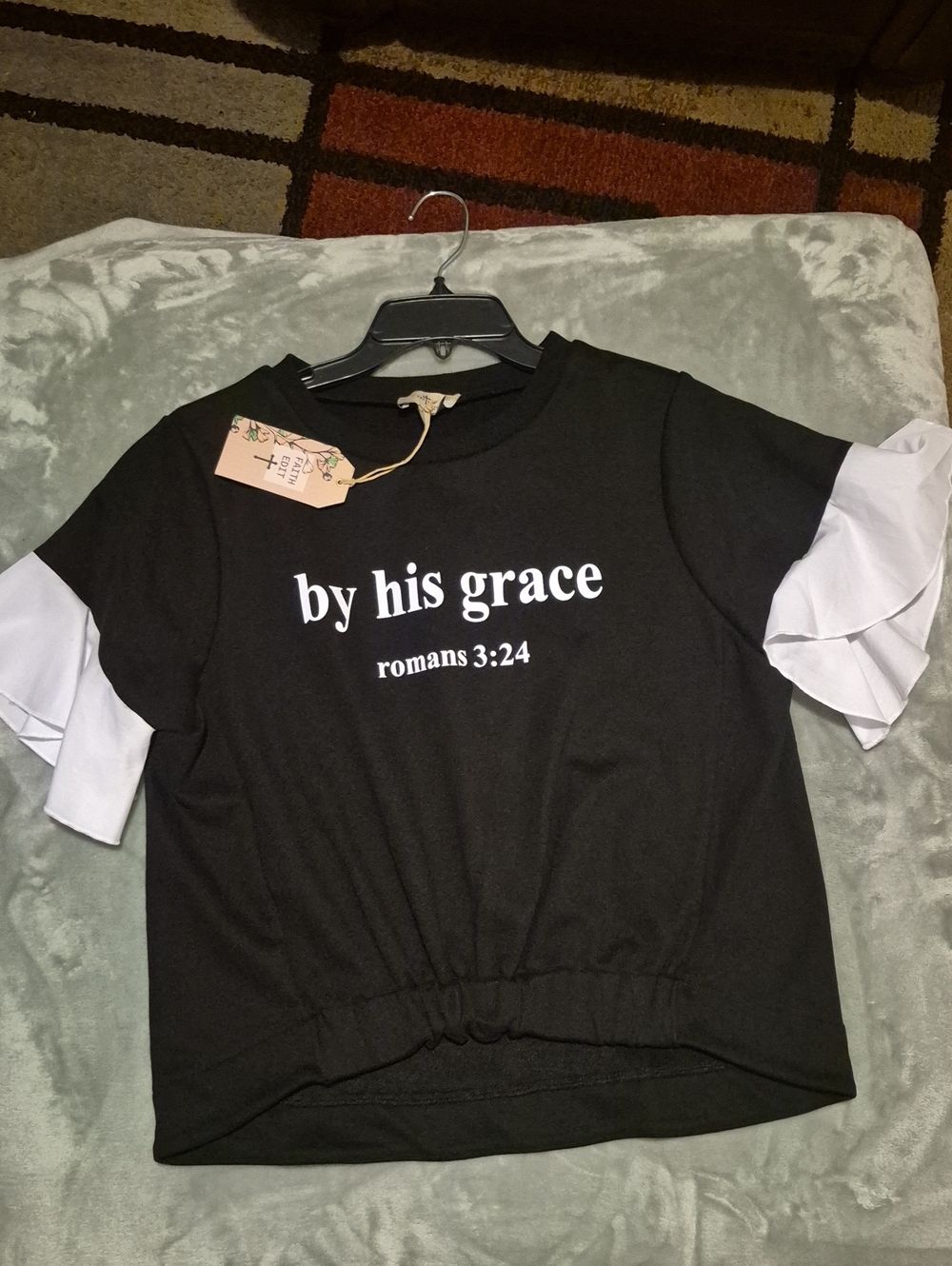 Girls Black 'By His Grace' Ruffle Sleeve Sweatshirt